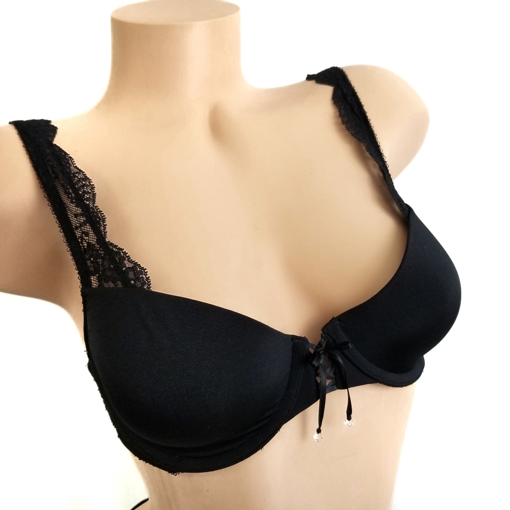 VS Lined Demi Black Lace Up Scallop Straps Bra 32D